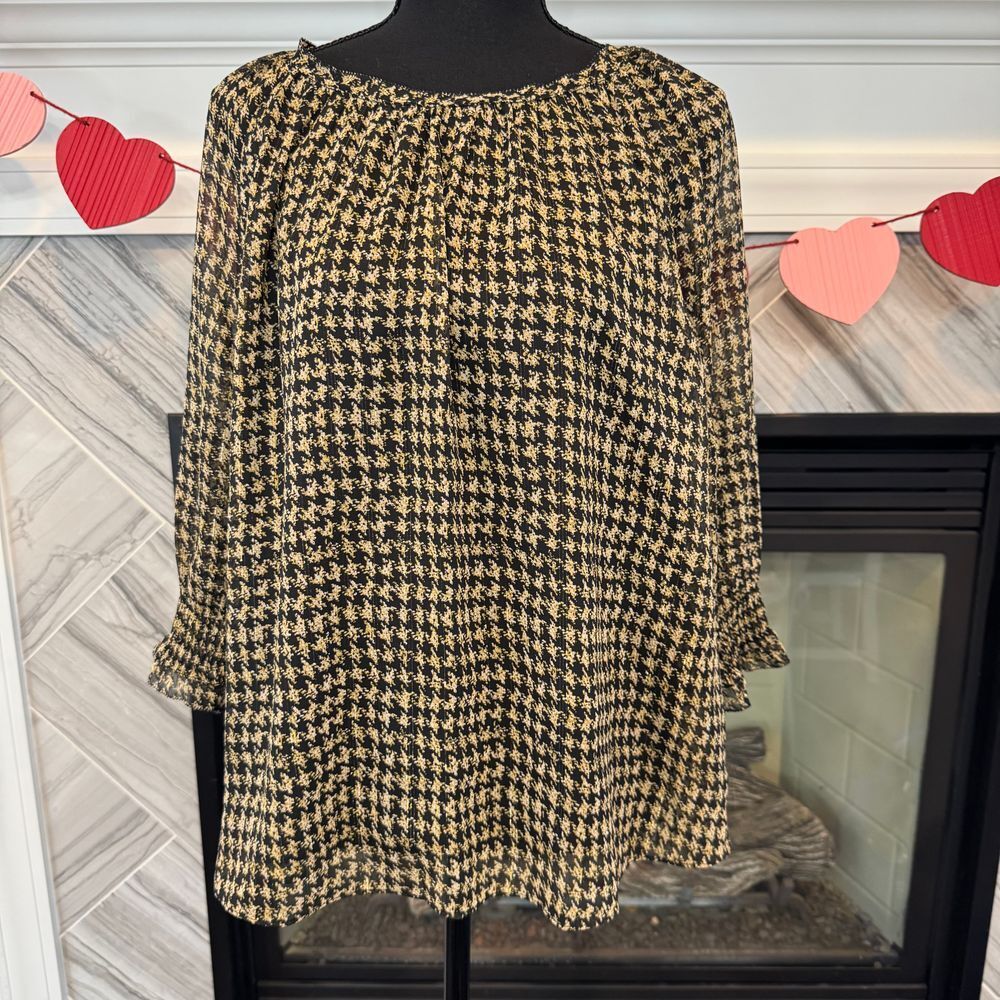 Soft‎ Surroundings  Houndstooth Pattern Long Sleeve Blouse Ruffle Cuff Medium
